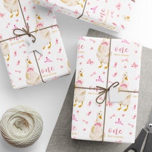 One Silly Goose Wrapping Paper Roll, Watercolor Goose and Pink Bows Gift Wrap, Baby Girl Shower Wrap, Pink Birthday Gift Wrapping Paper