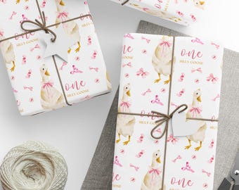 One Silly Goose Wrapping Paper: Pink Bows and Geese Girl Baby Shower Packaging, Birthday Gift Wrap