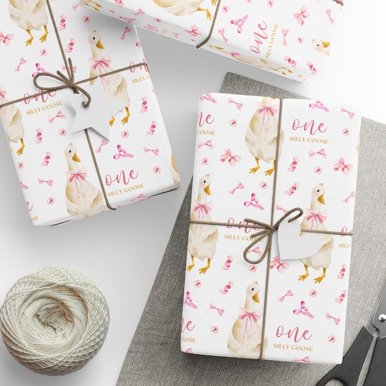 One Silly Goose Wrapping Paper Roll, Watercolor Goose and Pink Bows Gift Wrap, Baby Girl Shower Wrap, Pink Birthday Gift Wrapping Paper