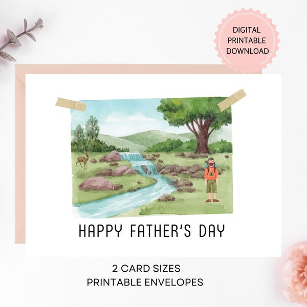 Printable Father's Day Card, PDF DOWNLOAD, Watercolor Hiking Card For Dad, Brother, Husband, Son, Stepdad, Printable Envelopes Included