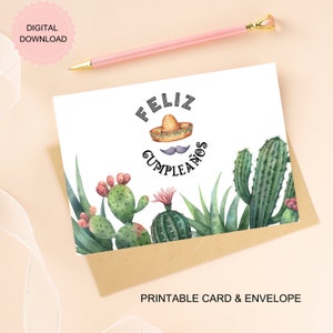 Feliz Cupleaños druckbare Karte, Sombrero und Schnurrbart Aquarell Kakteen spanische Karte für ihn, digitaler Download, druckbare Umschlag