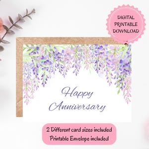 Tarjeta de aniversario imprimible de glicina, tarjeta de felicitación morada con acuarela, elegante tarjeta floral con sobres imprimibles, descarga digital
