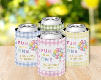 Portabevande "Fun to Be One" per il primo compleanno, bomboniere personalizzate per il primo compleanno, portabevande con palloncini ad acquerello, copribevande personalizzati a quadretti