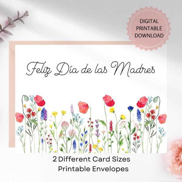Tarjeta Imprimible Feliz Día De Las Madres, Tarjeta del Día de la Madre Española con Flores Silvestres de Acuarela, DESCARGA DIGITAL, Sobres Imprimibles