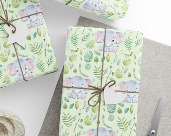Papel de embrulho com estampa de elefante bebê em aquarela: Papel de presente com tema de selva, ideal para chá de bebê ou aniversário com tema de animais da selva.