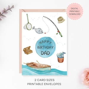 Druckbare alles Gute zum Geburtstag Dad Karte, Angelkarte von Kindern, DIGITALER DOWNLOAD, Aquarell Grußkarte für Ihn, druckbare Umschläge inklusive