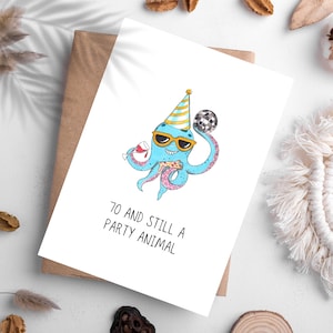 Tarjeta divertida de 70 cumpleaños, tarjeta de pulpo para fiesta de acuarela, regalo de 70 cumpleaños para abuelo o abuela, descarga digital, sobres imprimibles