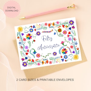 Cartão de Feliz Aniversário para Imprimir, Download Digital, Cartão de Feliz Aniversário em Espanhol com Flores Mexicanas em Aquarela, Envelopes para Imprimir Inclusos
