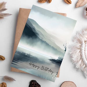 Cartão de felicitações de aniversário para ele, presente de paisagem de montanhas em aquarela para namorado, envelope para impressão incluído, DOWNLOAD DIGITAL