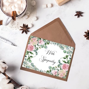 Elegante afdrukbare condoleancekaart, aquarel condoleancekaart met rozen en eucalyptus, DIGITALE DOWNLOAD, inclusief afdrukbare envelop
