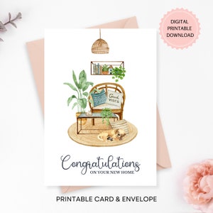 Tarjeta de felicitación imprimible para inauguración de la casa con un cachorro de acuarela en casa, regalo para nuevos propietarios, descarga digital, sobre imprimible incluido.