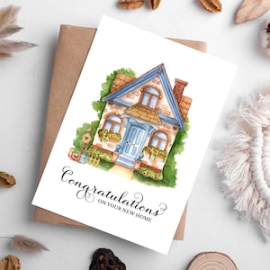 Biglietto di auguri stampabile per inaugurazione della casa con casa acquerellata con casetta per uccelli, regalo per i nuovi proprietari di casa, download digitale, busta stampabile incl.