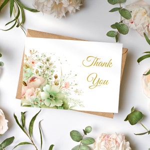 Carte de remerciement imprimable aquarelle, fleurs pastel pour mariage ou entreprise, carte de remerciement A7 avec enveloppe à imprimer, téléchargement numérique
