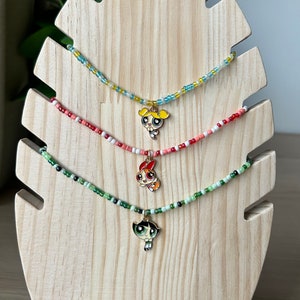 Powerpuff Girls Necklace Set - Bubbles, Blossom, Buttercup - Handmade Beaded Jewelry with Character Pendants