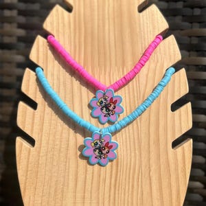 Powerpuff Girls Necklace – Handmade Pink or Blue Fimo Beads – Floral Pendant – 90s Cartoon Jewelry – Buy 1 or Set of 2 Kawaii Cute Nostalgic