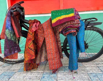 Wholesale Vintage Silk Kantha Scarves – Handmade Reversible Boho Scarfs