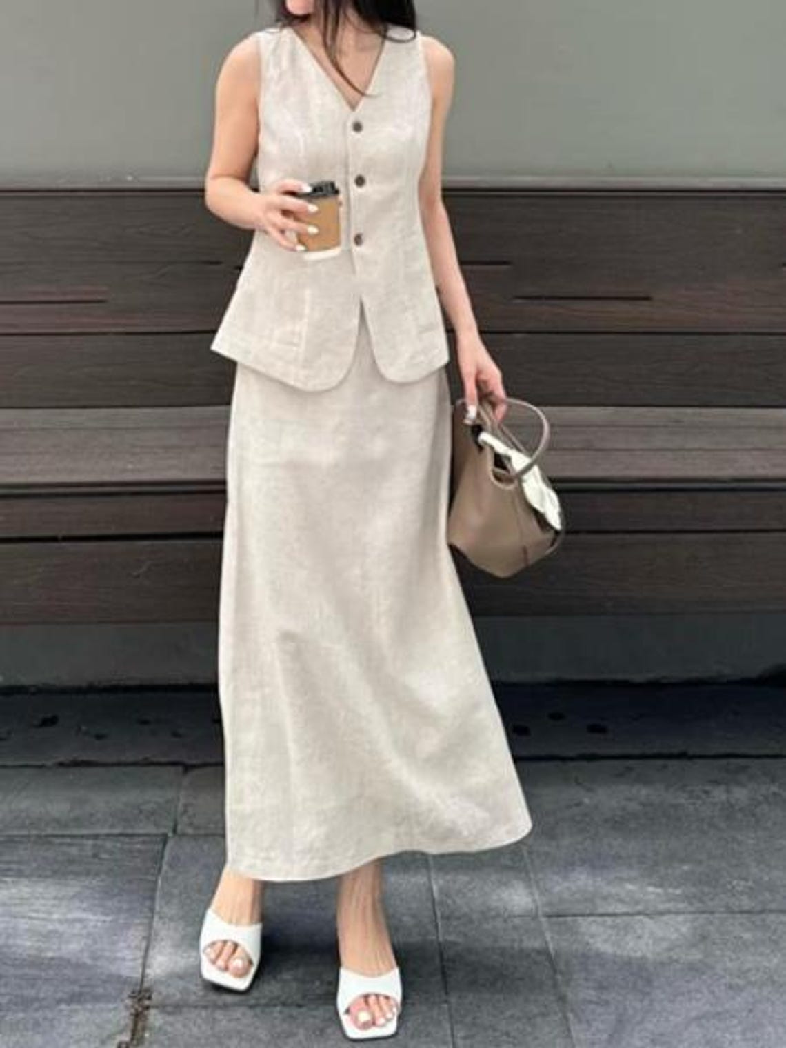 Women's Casual Beige Linen Sleeveless Vest And Brown Linen Maxi Skirt Set main image 0