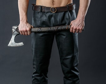 Rollo Viking black leather pants; medieval men celtic larp trousers; renaissance historical ren faire clothing