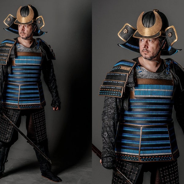Japanese samurai armor set; full samurai costume: helmet, cuirass, pauldrons, vambraces, skirt, greaves, boots; ghost of tsushima