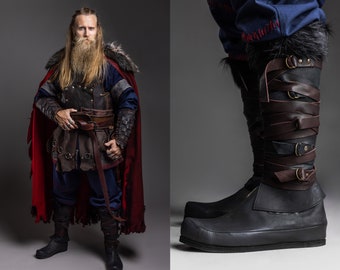 Black Viking low boots + greaves; Assassin cosplay; Valhalla boots; medieval leather shoes; сeltic boots