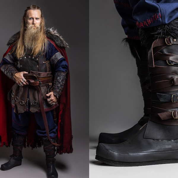 Bottines Viking noires + jambières ; Cosplay d'assassin ; bottes Valhalla ; chaussures médiévales en cuir; bottes celtiques