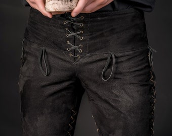 LARP black leather pants; viking men celtic larp trousers; renaissance historical ren faire clothing