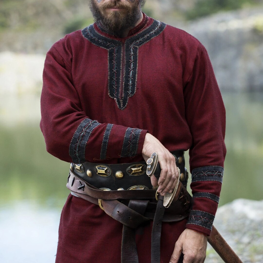 Halfdan Wool Tunic Celtic Red Shirt With Embroidery Medieval Larp ...