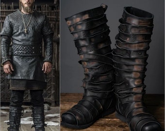 Ragnar Schwarze Lederstiefel; Ragnar Kostüm; Lodbrok-Cosplay; Wikinger-Stiefel; mittelalterliche Lederschuhe; сeltik stiefel