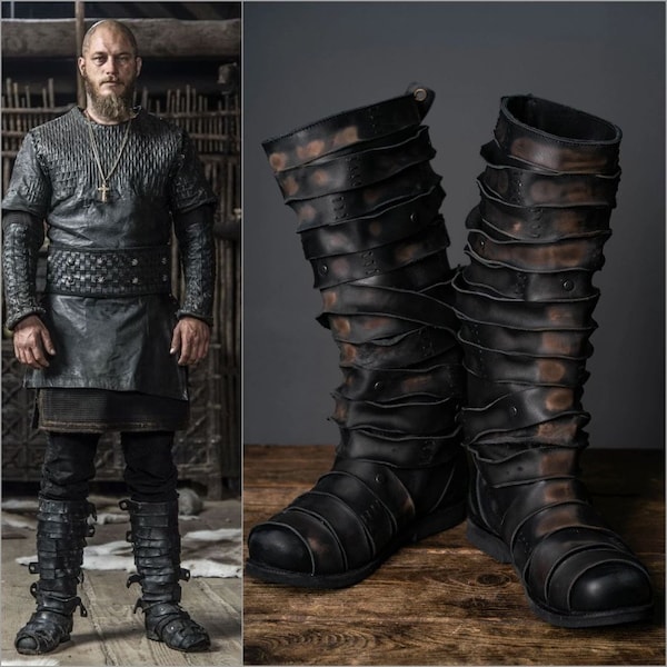 Stivali in pelle nera Ragnar; Costume Ragnar; Cosplay di Lodbrok; Stivali vichinghi; scarpe di cuoio medievali; stivali celtici