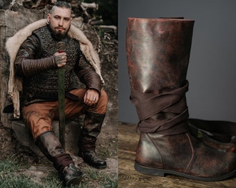Bottes en cuir marron Ragnar ; Déguisement de Ragnar ; Cosplay de Lodbrok ; bottes vikings ; chaussures médiévales en cuir; bottes celtiques