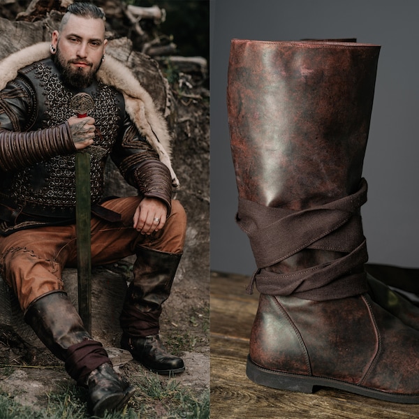 Ragnar Brown Leather Boots; Ragnar costume; Lodbrok cosplay; Vikings boots; medieval leather shoes; сeltic boots