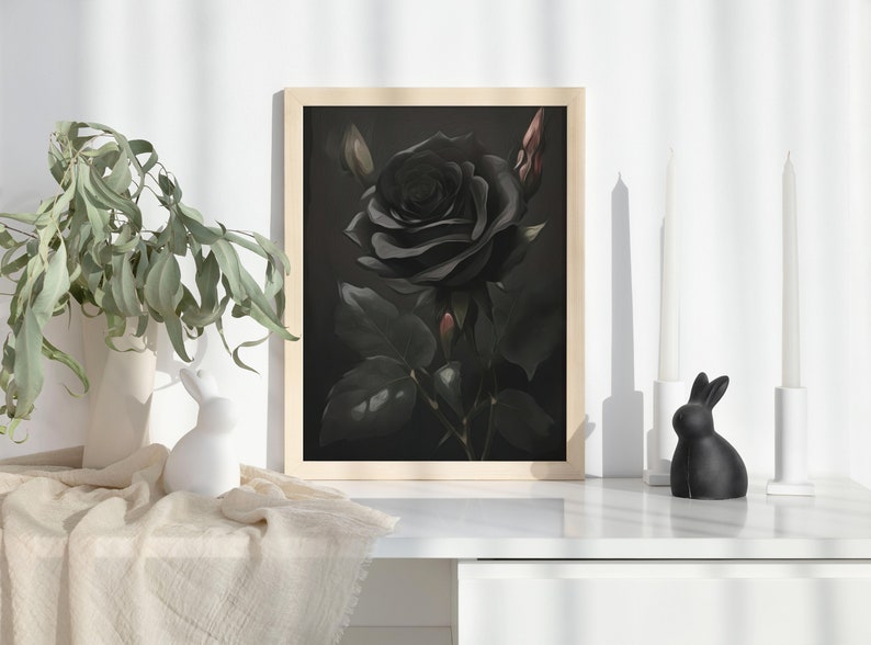 Black Rose Print, Vintage Oil Painting, Black Rose Wall Art, Black Rose
