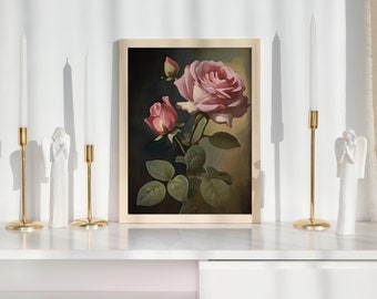 Vintage Rosen Druck, druckbare Rosen Wanddekor, Ölgemälde original Vintage, Vintage Ölgemälde, Rosenölgemälde, digitaler Download