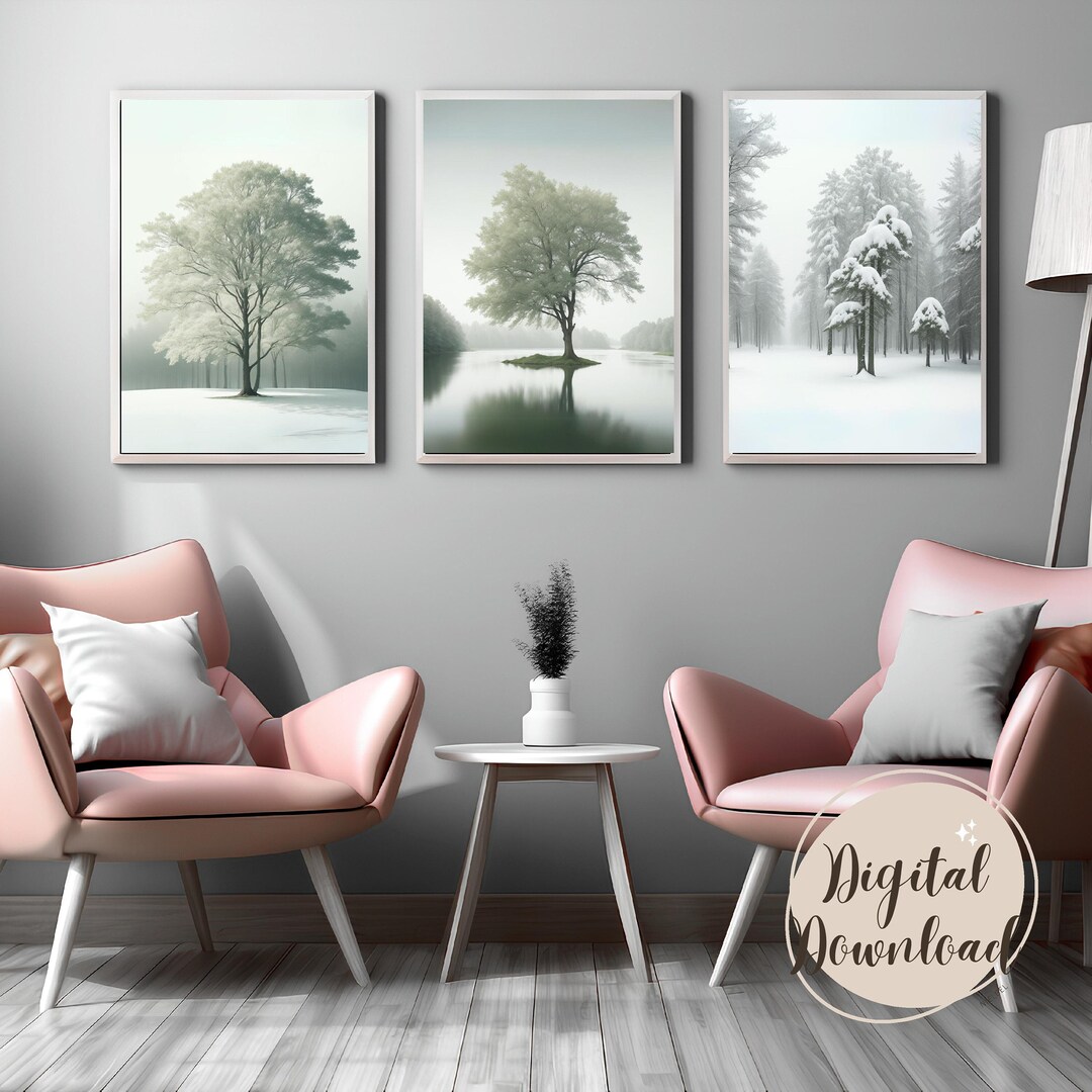 Set of 3 Highquality Tree Wall Art, Pine Tree Painting, Neutral Modern