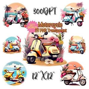 Retro Scooter Clipart PNG, Vintage Vespa Clipart Bundle , Motorcycle Watercolor Pastel Flower Design, 27PNG Transparent for  Commercial Use