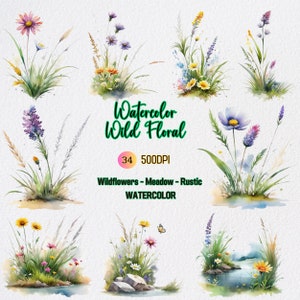 Watercolor Wildflower Clipart, Wild Florals Clipart, Meadow Watercolor Elements, Premade Clipart, Wedding Clipart, Rustic Wild Flowers - PNG