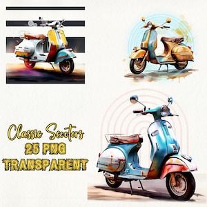 Classic Scooter Clipart PNG, Vintage Vespa Clipart Bundle , Retro Scooters Watercolor Bokeh Design, 25PNG Transparent, Commercial Use