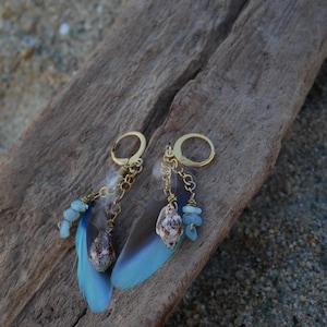 May include: A pair of gold-toned leverback earrings featuring blue and grey feathers, small brown and white speckled seashells, and clusters of light blue tumbled stone beads attached to gold metal chains.