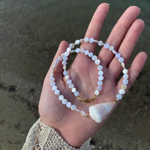Könnte beinhalten: Eine weiße Muschelkette mit einem großen weißen Muschel Anhänger. Die Kette besteht aus kleinen, runden, weißen Perlen.