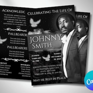 5.5&quot;x8.5&quot; BOOKLET FUNERAL PROGRAM, Black Night Sky, 8 Pages, Bifold Obituary Program, Celebration Of Life, Order Of Service, Canva Template