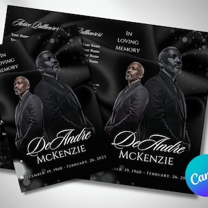 5.5&quot;X8.5&quot; BIFOLD FUNERAL PROGRAM, Black & Gold Elegant Obituary, Memorial Service, Obituary For Men, Editable Canva Template, Keepsake, Soft