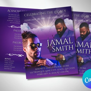 8.5"x11" PURPLE FUNERAL PROGRAM, 4 Pages, Purple Clouds Memorial Program, Celebration of Life, Keepsake Obituary, Editable Canva Template