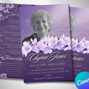 PROGRAMA FUNERAL BIFOLD 5.5x8.5, 4 páginas, Programa Conmemorativo de Flores Púrpuras, Obituario de Mujer, Celebración de la Vida, Recuerdo, Plantilla Canva