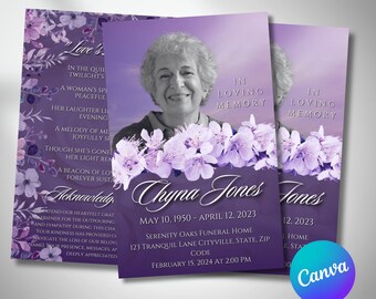 Mall för begravningsprogram med lila blommor, Livets hyllning (Canva-mall)