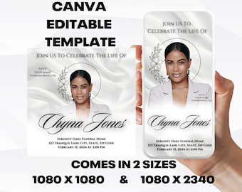 Customizable Funeral Announcement Template - White Silk, Editable Memorial Service Invitation - Canva Template, Instant Download