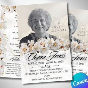 PROGRAMA FUNERARIO BIFOLD DE 5.5&quot;x8.5&quot;, 4 páginas, Programa Conmemorativo de Flores Blancas, Obituario de Mujer, Celebración de la Vida, Recuerdo, Plantilla Canva