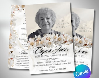 White Flowers Funeral Program Template, Bifold Memorial (Canva Template)