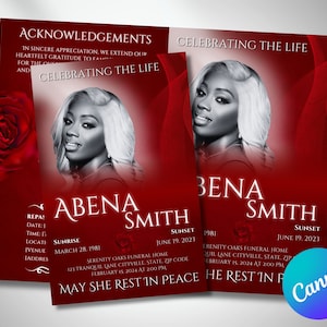 5.5x8.5&quot; RED VELVET OBITUARY Program, 8 Pages, Crimson Funeral Template, Celebration Of Life, Order Of Service, Canva Template, Bifold