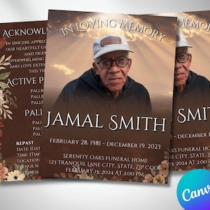 May include: A brown and white floral design funeral announcement with a photo of a man wearing glasses and a white hat. The announcement includes the text "In Loving Memory" and "Jamal Smith". The dates "February 28, 1981 - December 19, 2023" and "February 15, 2024 at 2:00 PM" are also included.