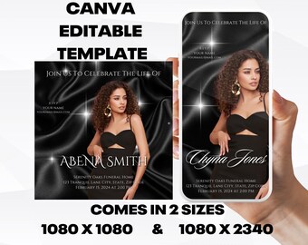 Customizable Funeral Announcement Template - Black Silky, Editable Memorial Service Invitation - Canva Template, Instant Download
